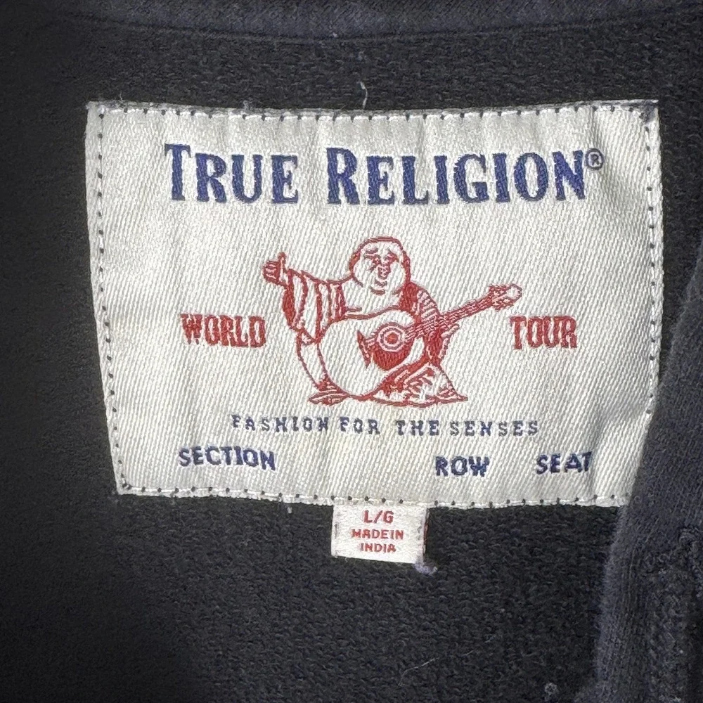 True Religion Hoodie Mens Large Black Full Zip Sweatshirt Gold Chain Sleeve‎